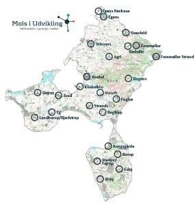 Området for Mols i Udvikling og de 24 byer der søges kontaktpersoner i.